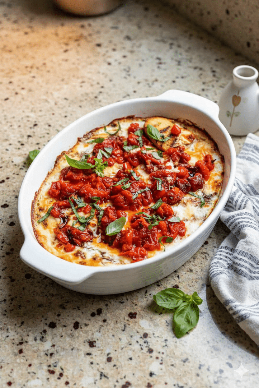 Baked Goat Cheese Bruschetta Dip with Balsamic Glaze and Fresh Basil